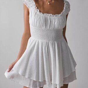 UO Rosie Smocked Tiered Ruffle Romper White Small